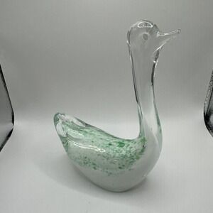 Hand Blown Teal & White Art Glass Hand Blown Swan Figure 6" H x 4" W Paperweight